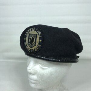 VTG Bancroft Military Caps Black 100% Wool Beret POW-MIA Patch Hat Size 7